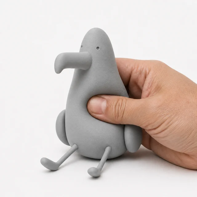 Figura flexible de TPU gris comprimida con una mano