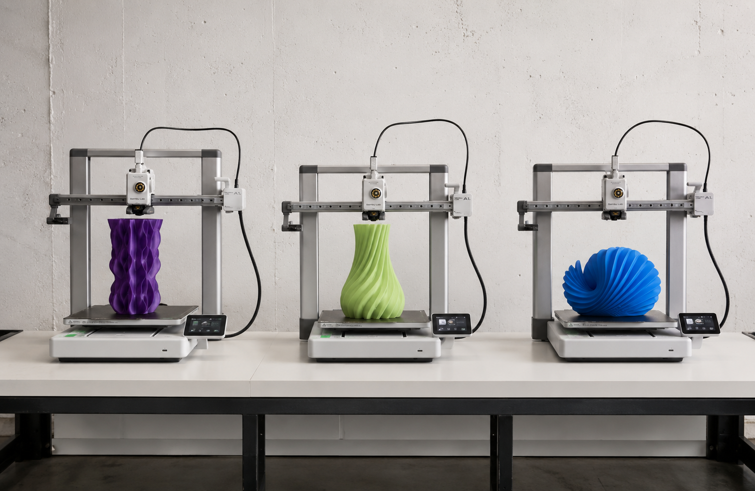 Tres impresoras 3D con piezas impresas
